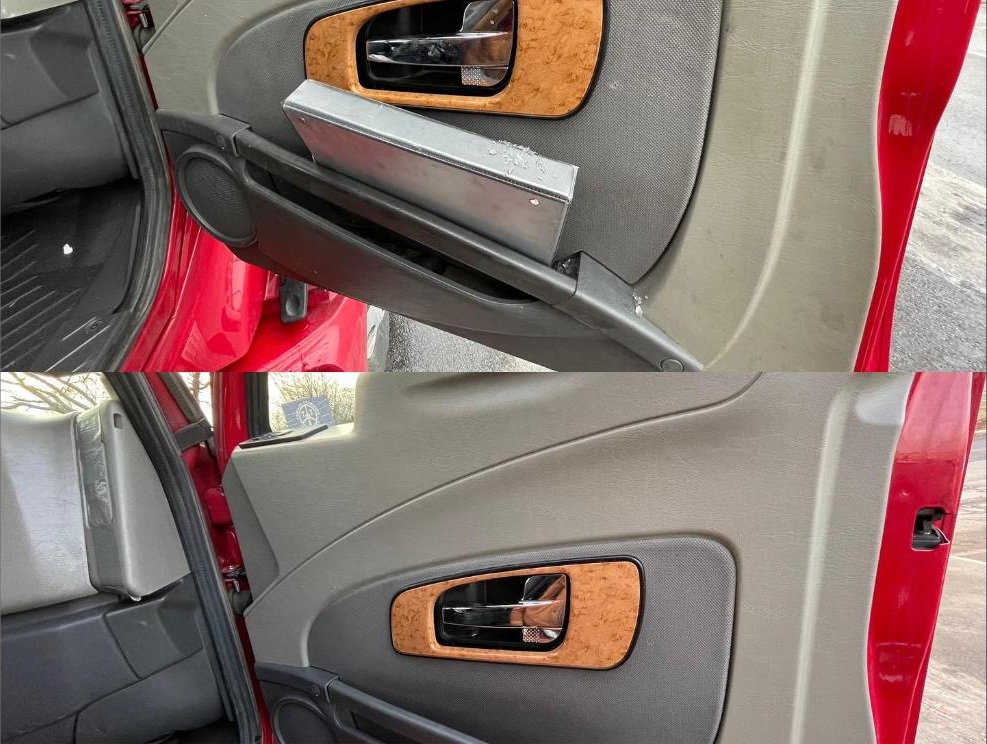 Door panel before and after an interior detail — grime lifted from every seam